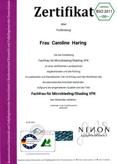 Zertifikat Fachfrau für Microblading/Shading von Caroline Haring