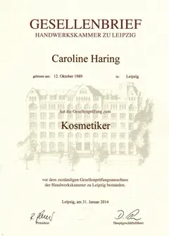 Gesellenbrief Kosmetikerin der Handwerkskammer zu Leipzig für Caroline Haring